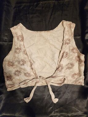Cream Tie-Front Crop Top Vest with Brown Floral Print